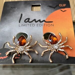 I Am Limited Edition Clip On Spider Earrings With Rhinestones. New.